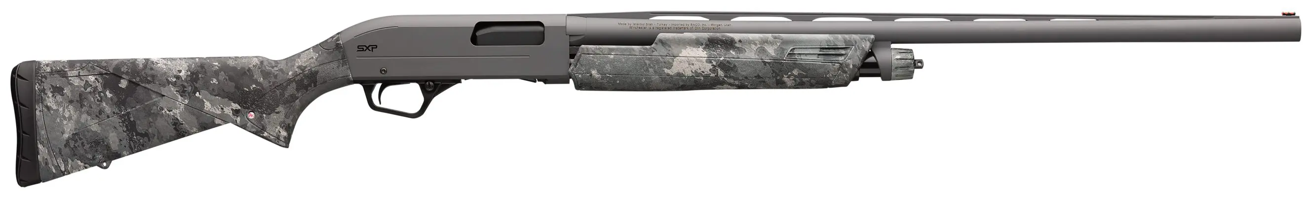 Modern hunting rifle with camouflage stock and long barrel for precision shooting.