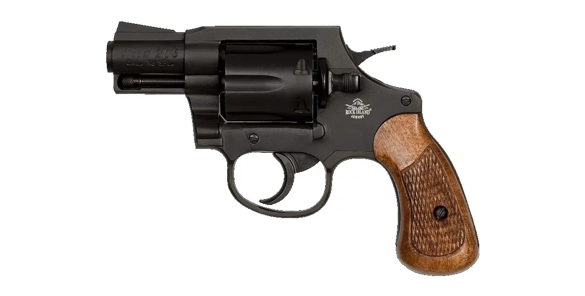 Revolver firearm with a black metal body and textured wooden grip.