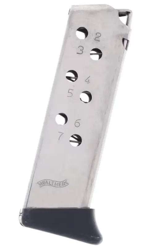 Metal firearm magazine with numbered capacity indicators and black rubber base.