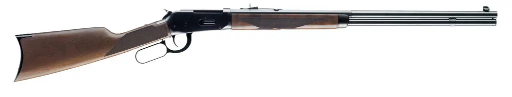 Lever-action rifle with wooden stock and metal barrel for hunting and shooting.