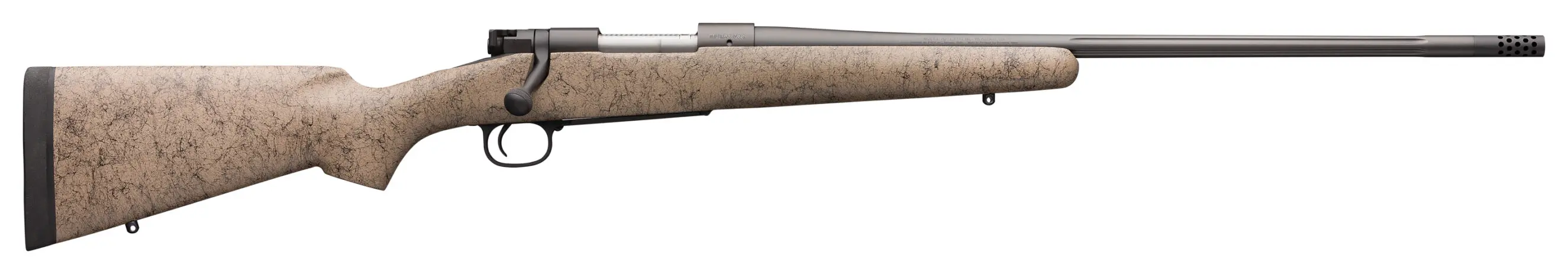 Rifle with tan stock, barrel, and scope for hunting or target shooting.