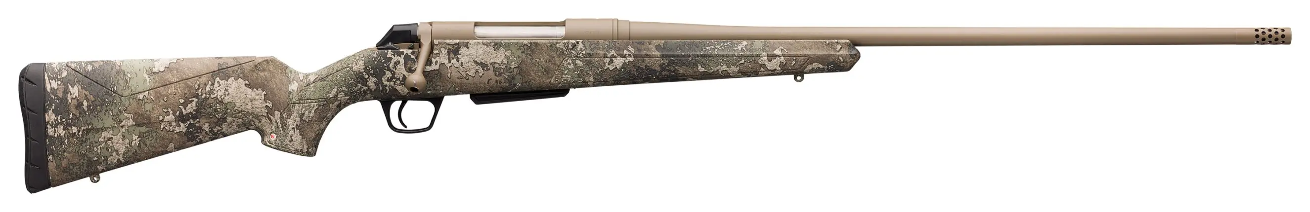 A high-precision hunting rifle with a camouflage pattern and long barrel, ideal for outdoor shooting.