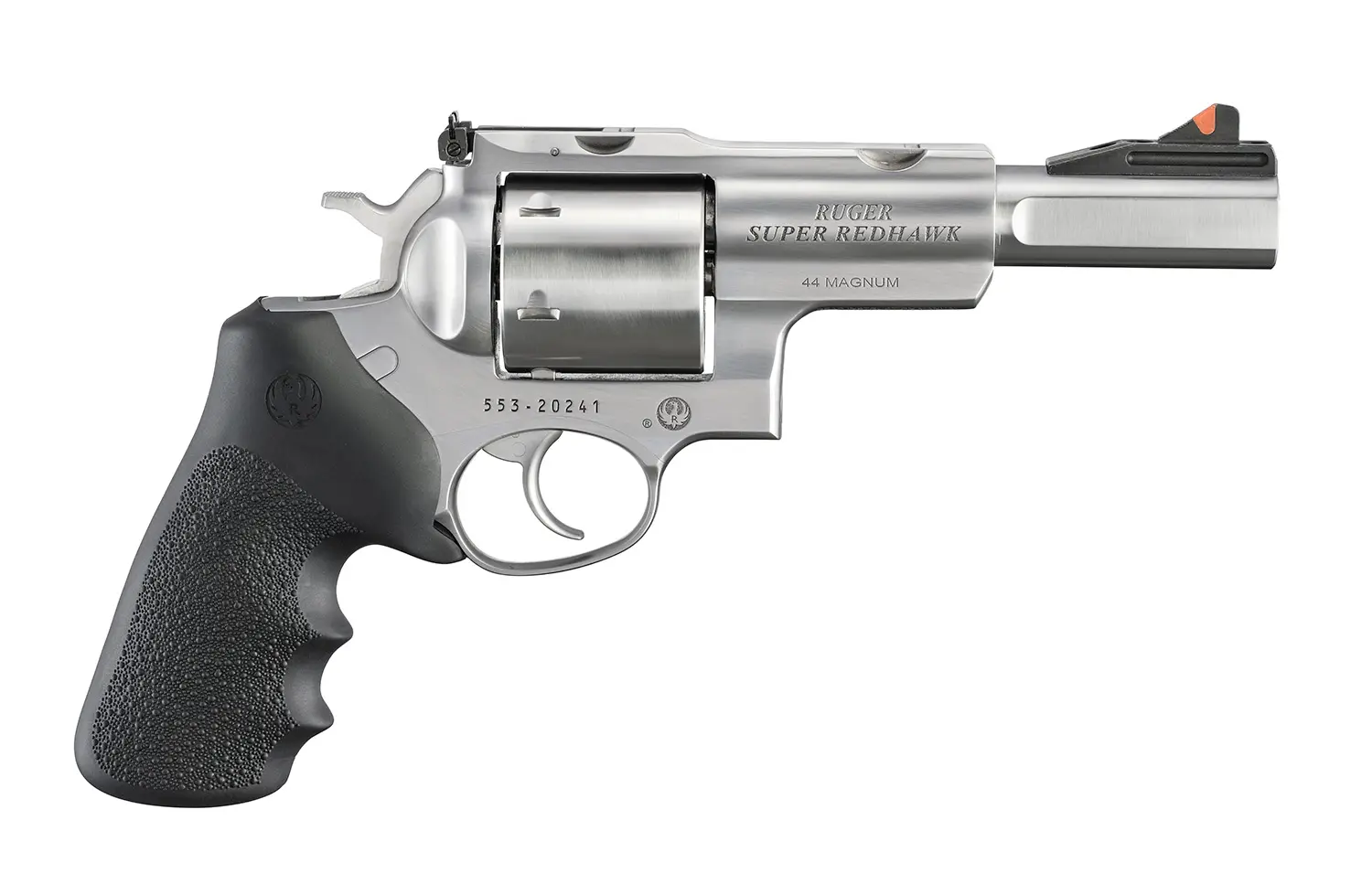 Ruger Super Redhawk .44 Magnum revolver with black grip and stainless steel finish.