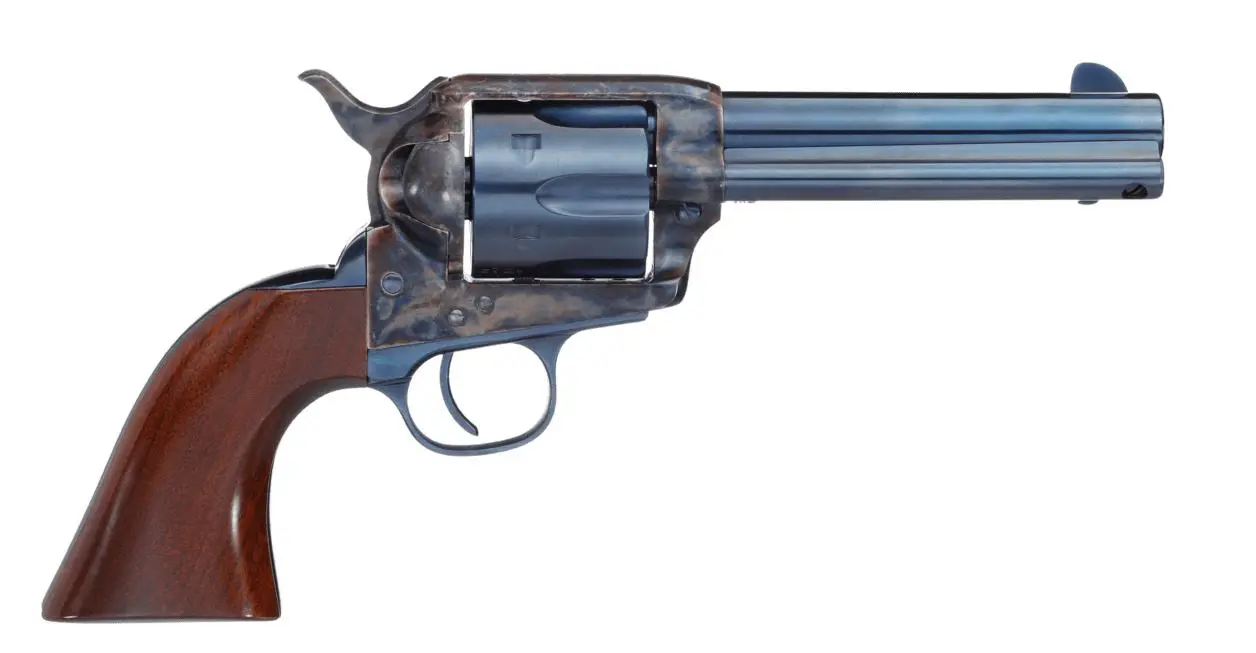 Revolver with wooden grip and metal barrel, displayed for firearm enthusiasts.