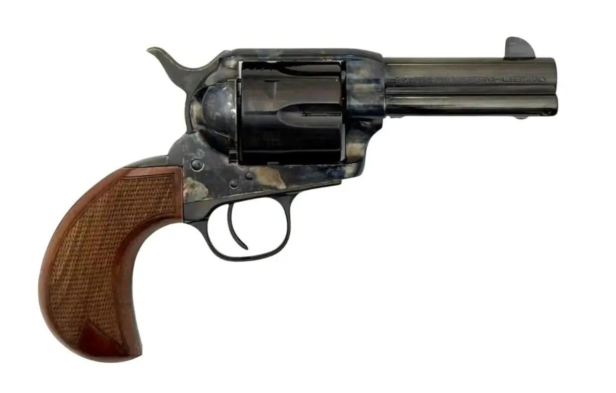 Revolver with wooden grip and metal barrel, displayed against a white background.