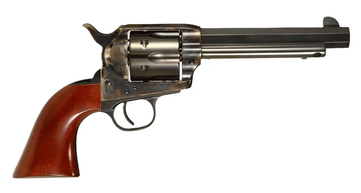 Revolver with wooden grip and metal barrel, displayed against a plain background.