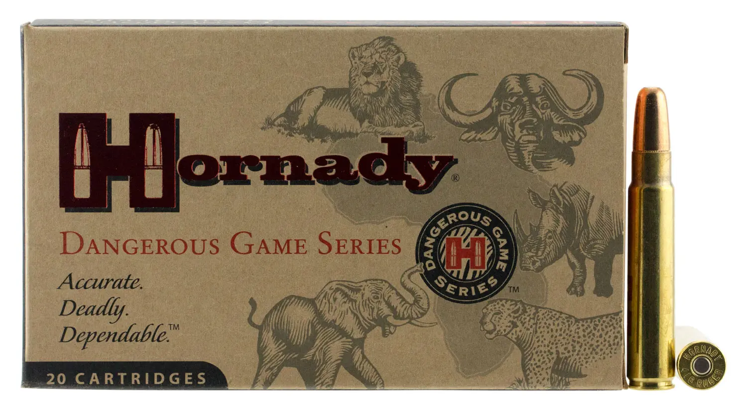 Box of Hornady Dangerous Game Series ammunition with a single cartridge beside it.