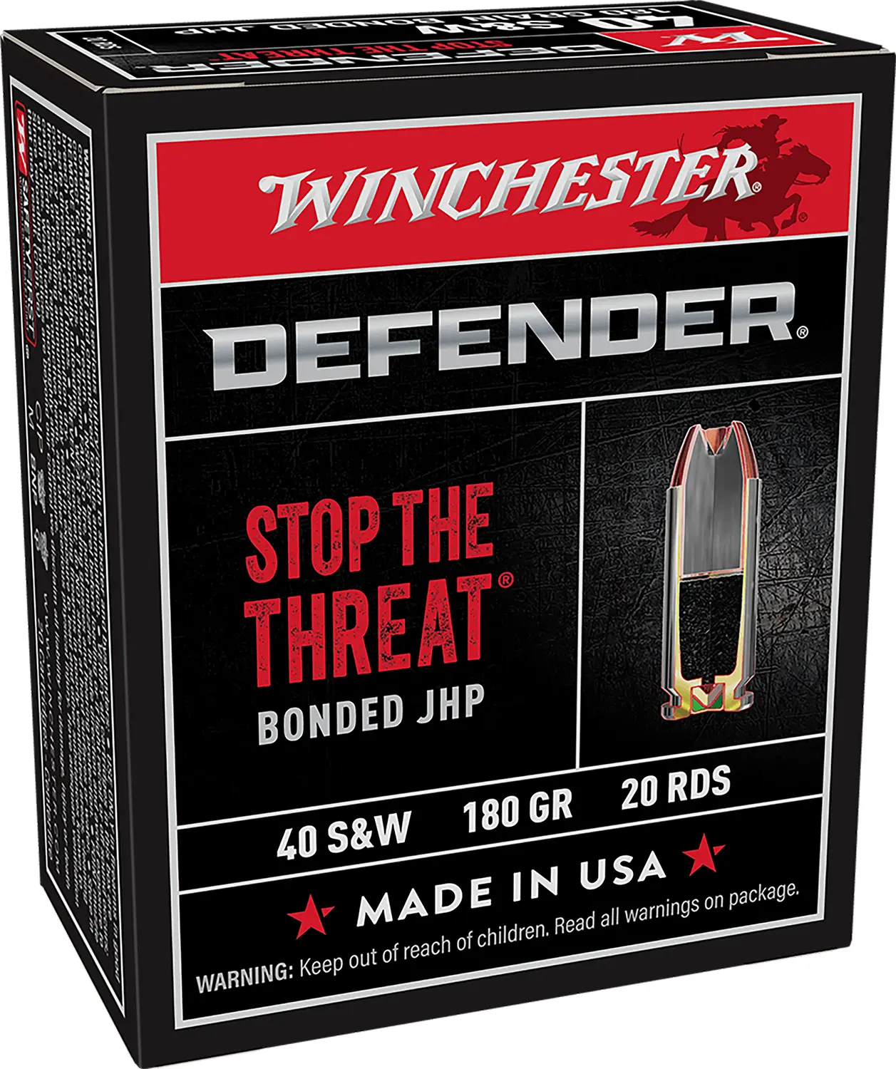 Winchester Ammo S40SWPDB1 Defender 40S&W 180gr Bonded Jacket Hollow Point 20 Per Box/10 Case