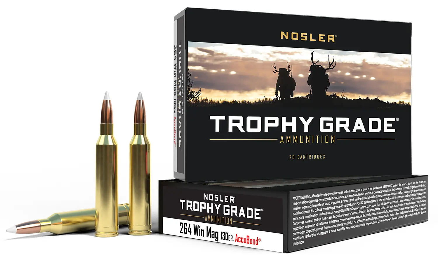 High-quality Nosler Trophy Grade ammunition box with 20 cartridges.