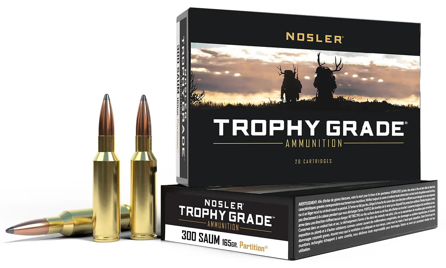 Nosler 60061 Trophy Grade 300RemSAUM 165gr Nosler Spitzer Partition 20 Per Box/10 Case