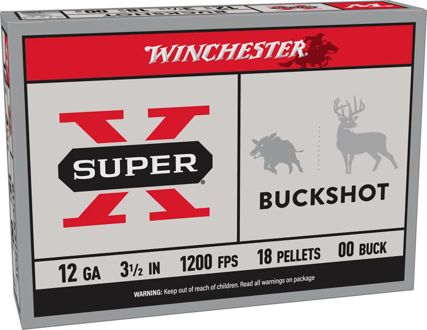 Winchester Super X buckshot box with deer and boar illustrations.