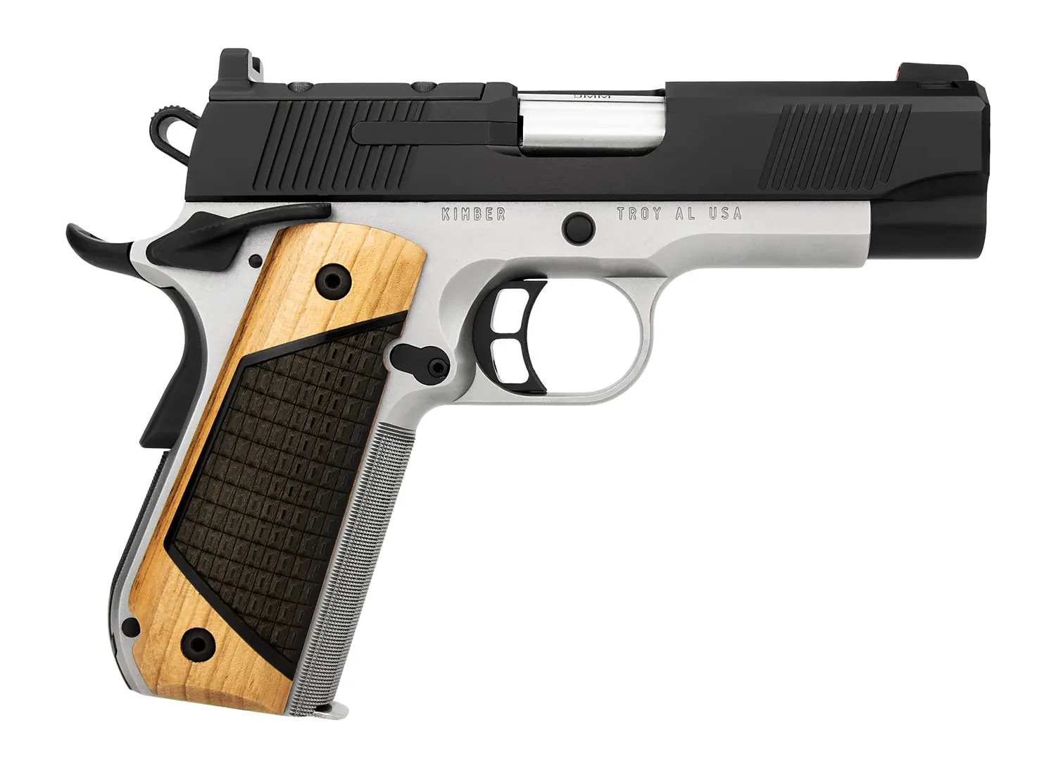 Semi-automatic pistol with wooden grip and black slide for firearm enthusiasts.