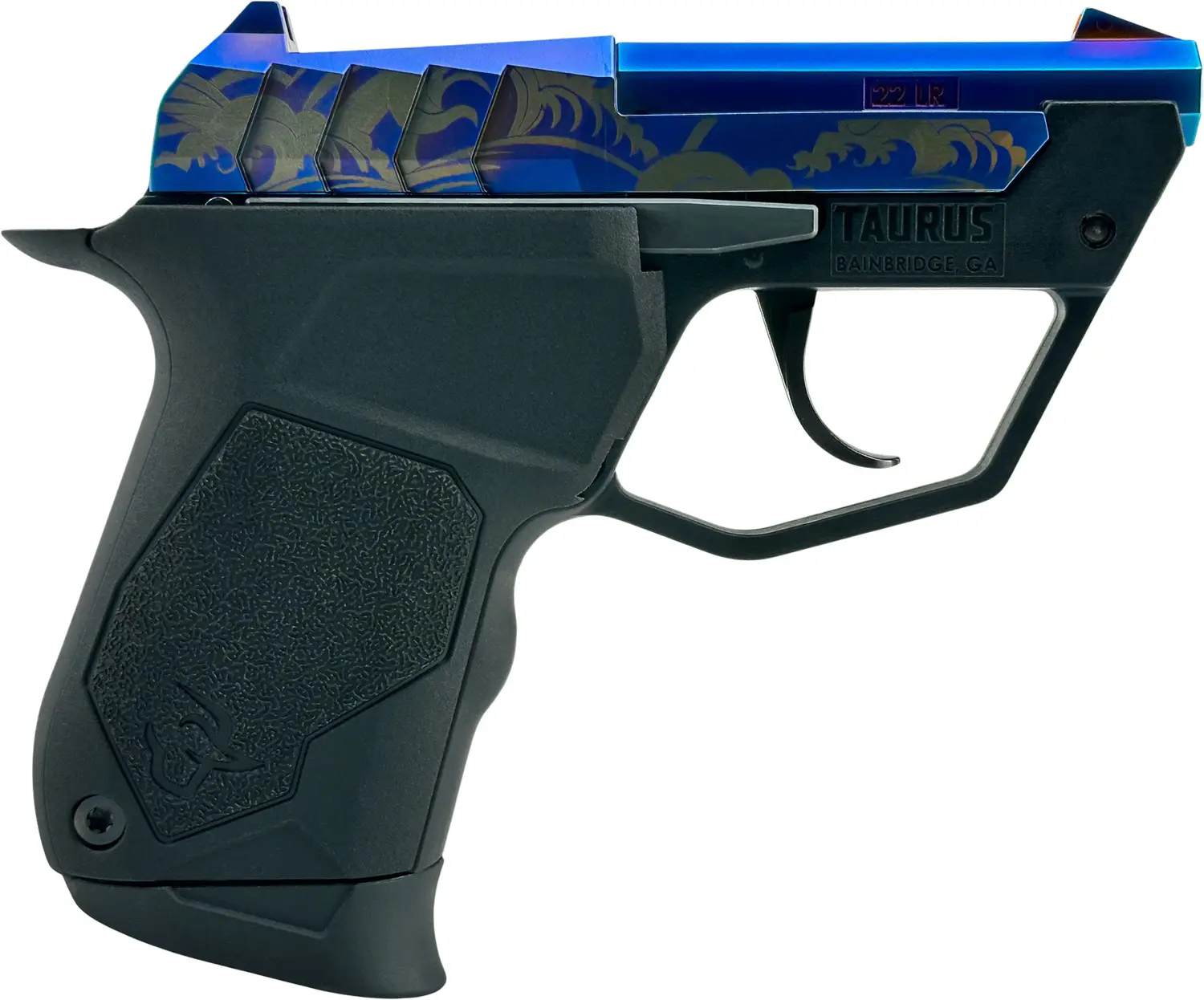 Toy gun with vibrant blue and gold design, black grip, and realistic shape.