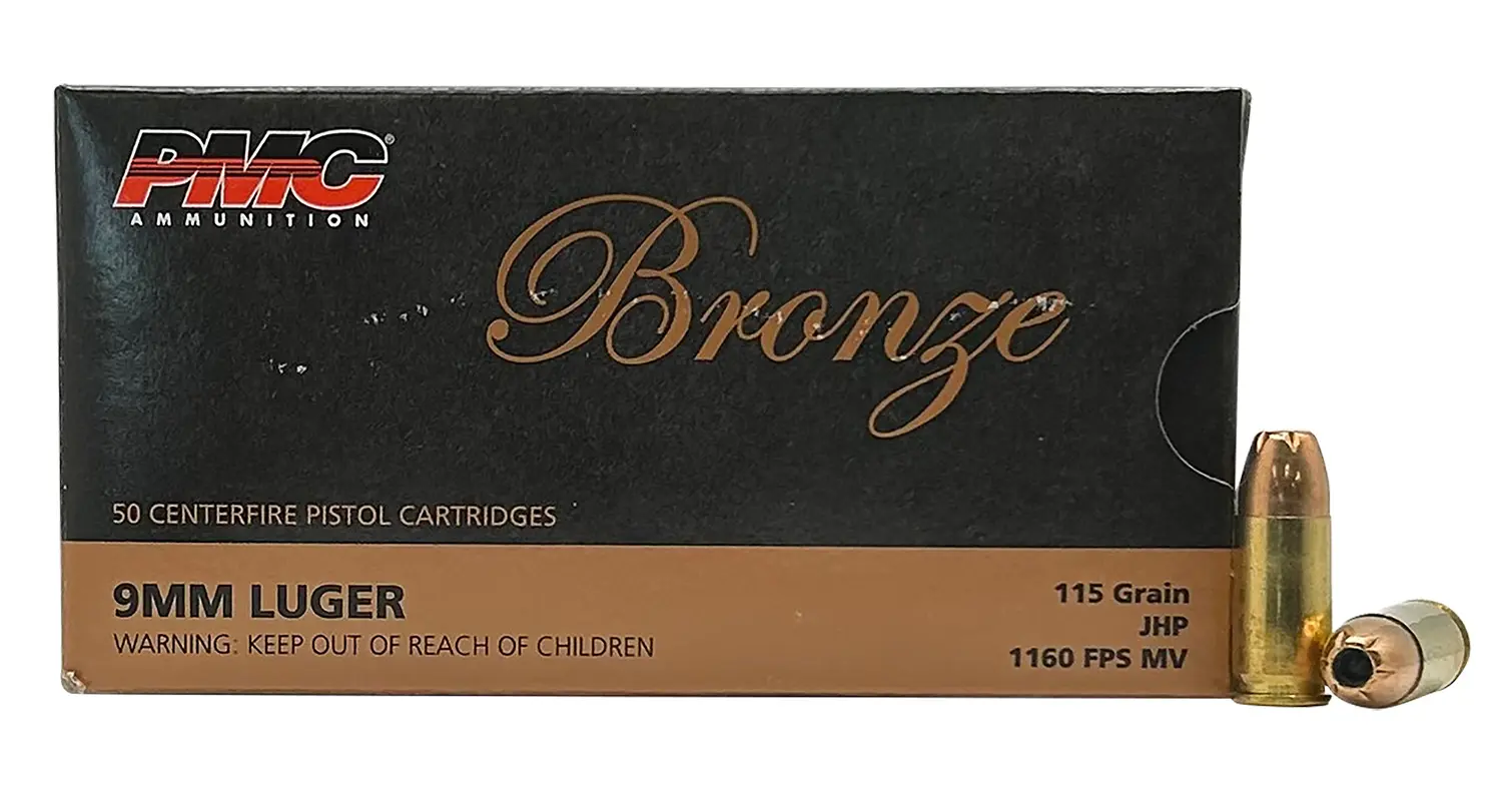 Box of Bronze 9mm Luger 115 Grain JHP ammunition with a single cartridge beside it.
