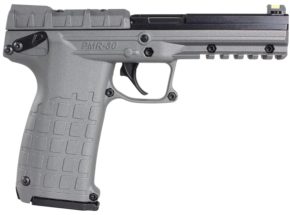 Close-up of a gray airsoft pistol with textured grip and slide details.
