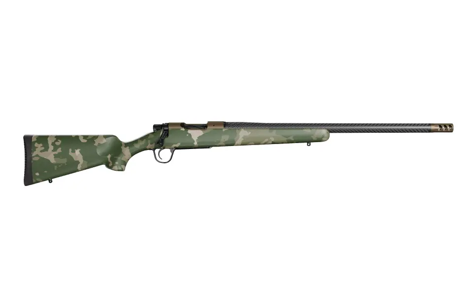 Camouflage-patterned hunting rifle with scope and long barrel.