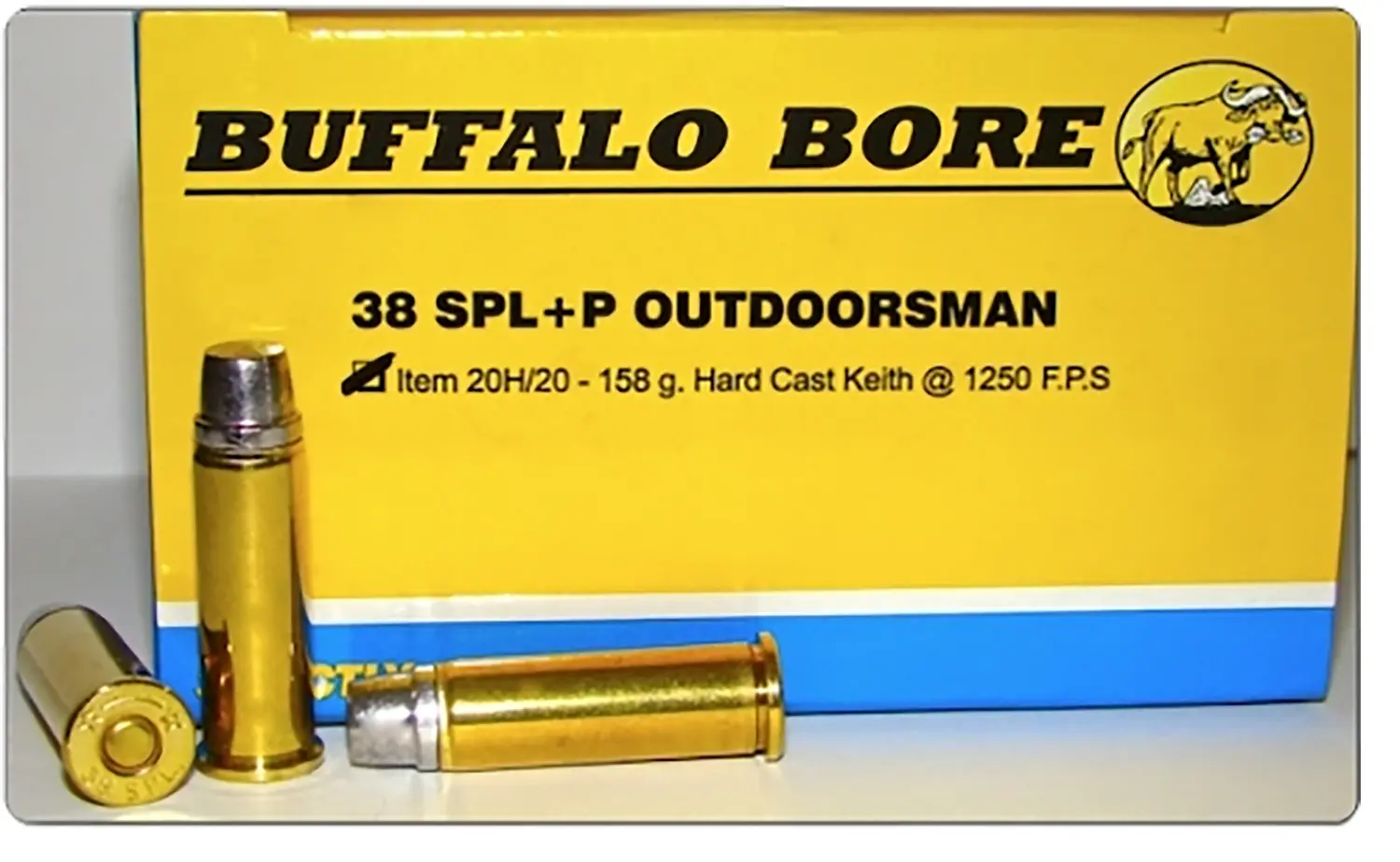 Buffalo Bore 38 SPL+P Outdoorsman ammunition with two bullets and box.