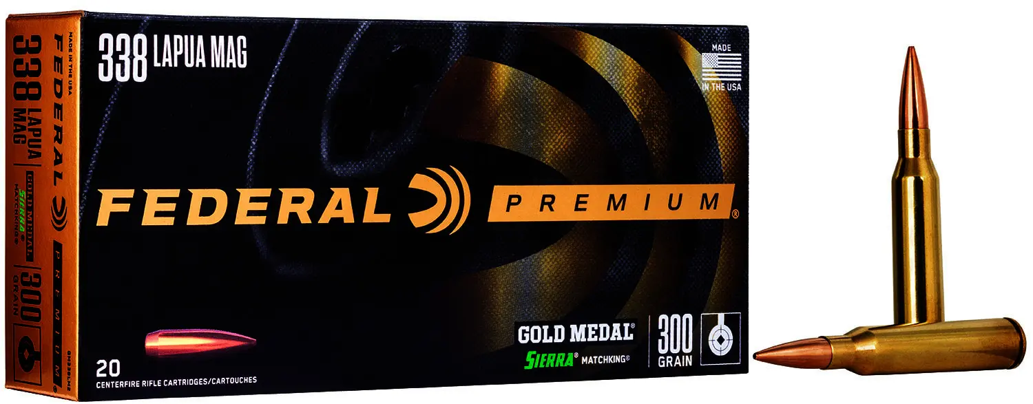 Federal GM338LM2 Premium Gold Medal 338LapuaMag 300gr Sierra MatchKing BTHP 20 Per Box/10 Case