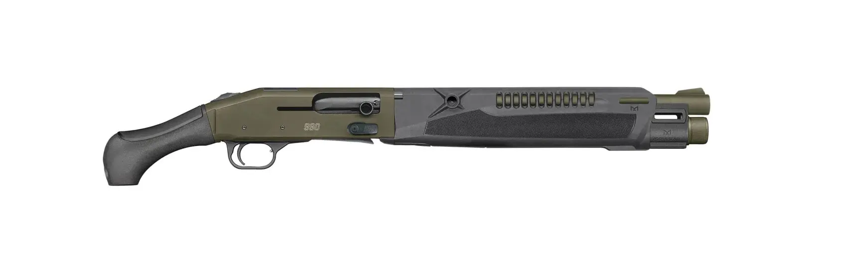 Pump-action shotgun with black and olive green finish, ideal for hunting and home defense.