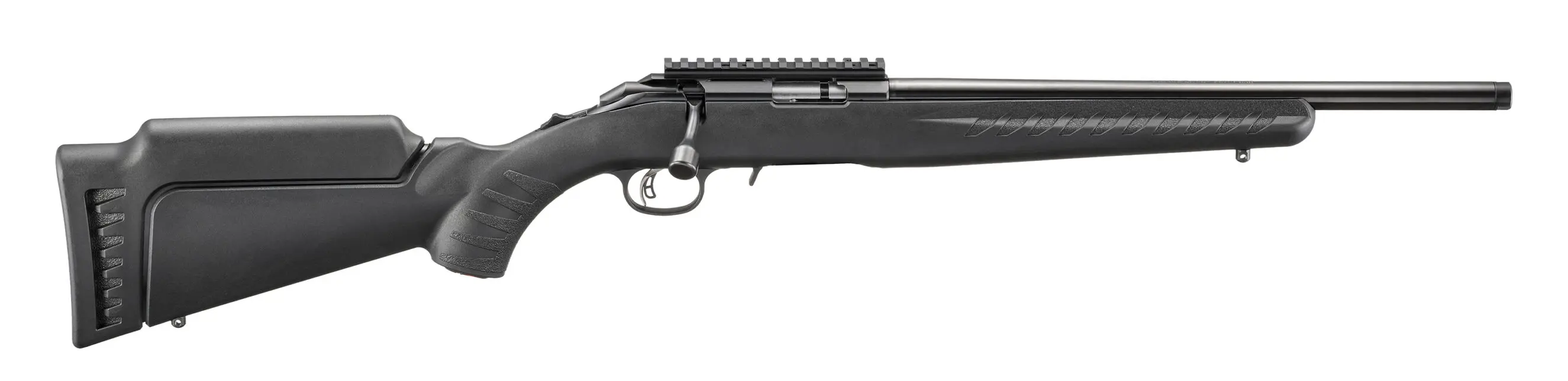 A sleek black rifle equipped with a scope, designed for precision shooting and hunting.