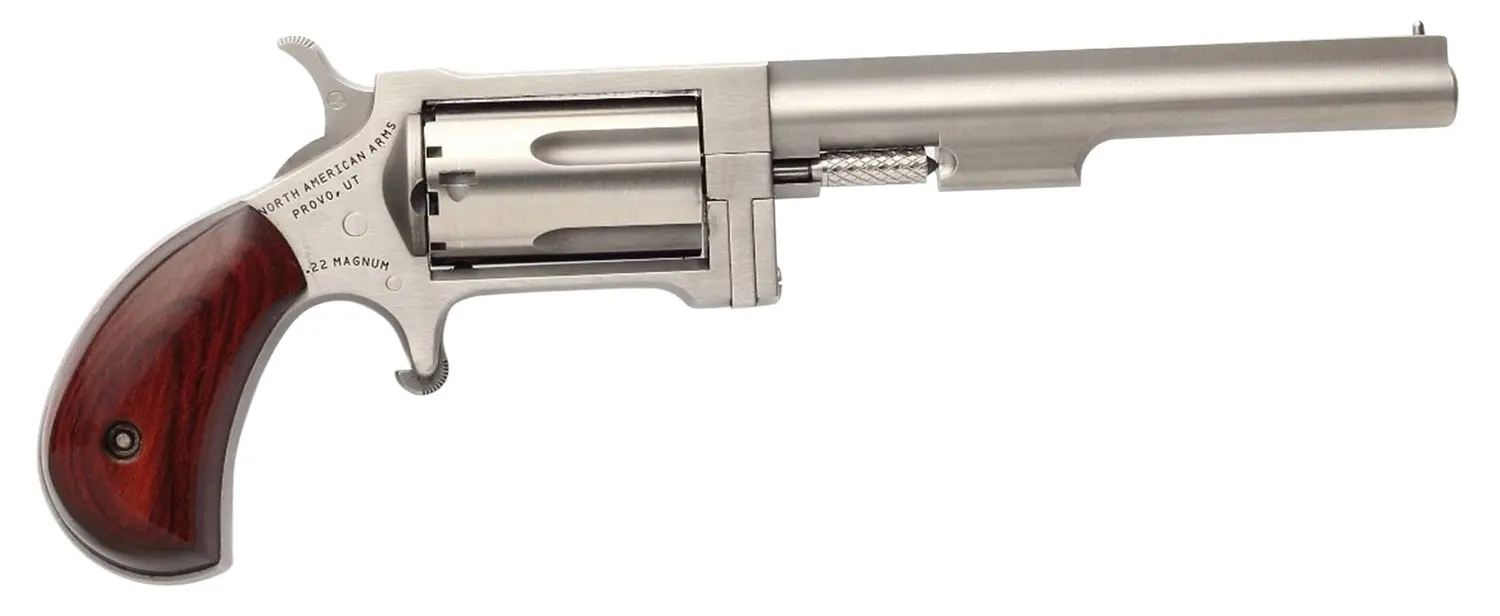North American Arms SW4 Sidewinder *CA Compliant 22 WMR 5 Shot 4" Stainless Steel Barrel, Frame & Cylinder, Rosewood Birdshead Grip, Exposed Hammer