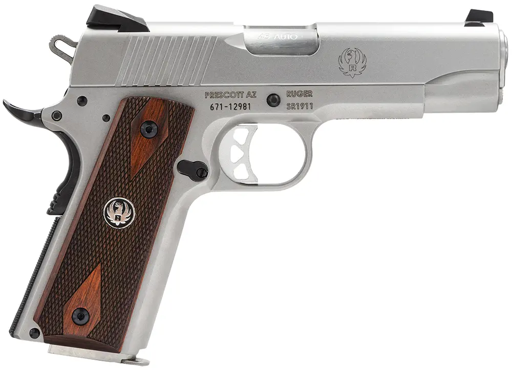 Ruger 6702 SR1911 Commander-Style 45 ACP 7+1 4.25" Stainless Steel Barrel, Serrated Stainless Steel Slide, Stainless Steel Frame w/Beavertail, Hardwood Grip