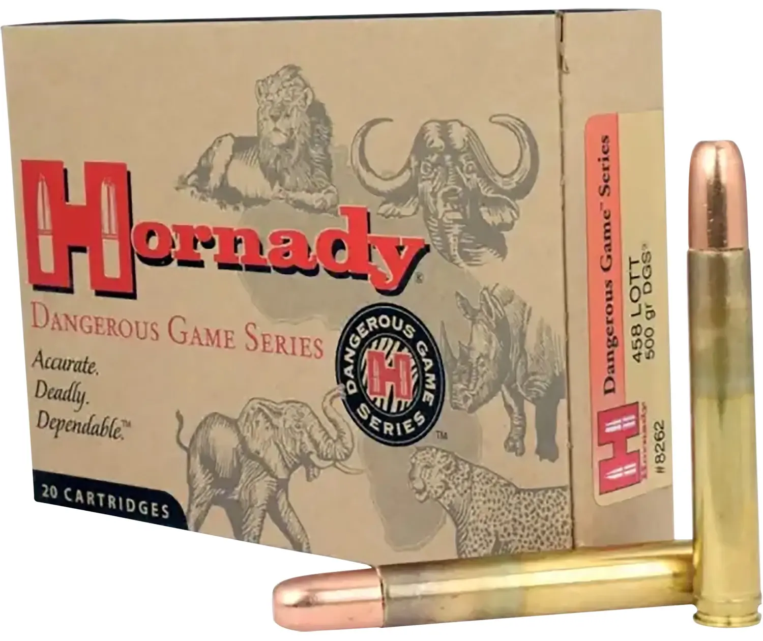 Hornady Dangerous Game Series ammunition box with a bullet in front.
