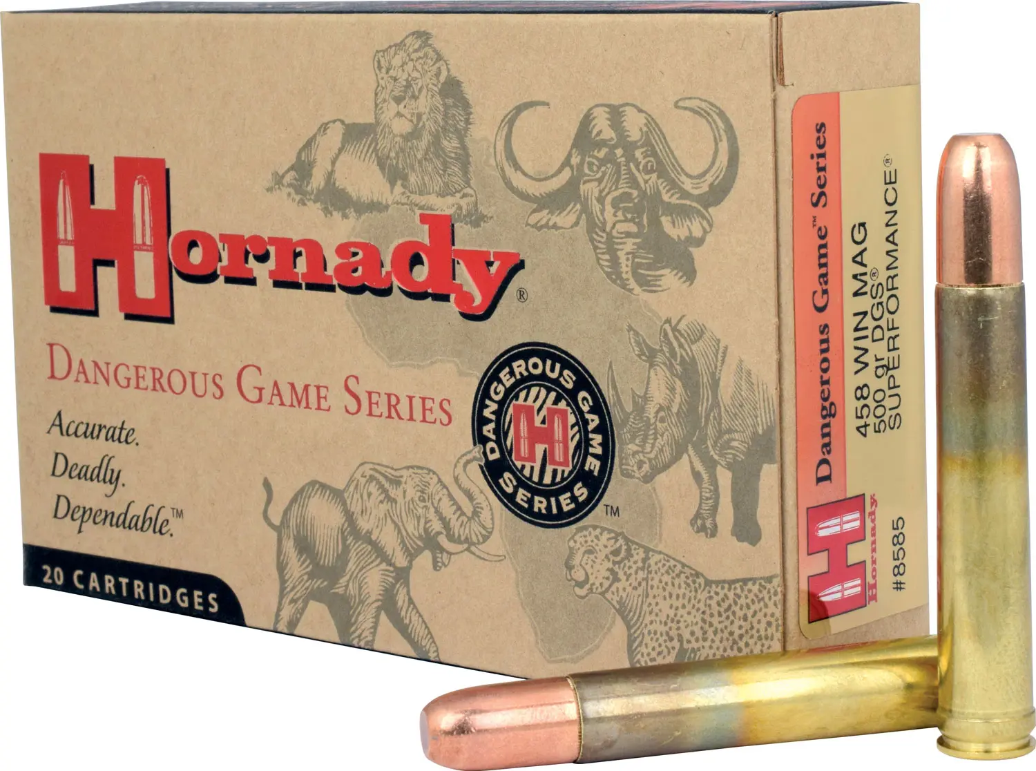 Hornady Dangerous Game Series ammunition with box and cartridge.