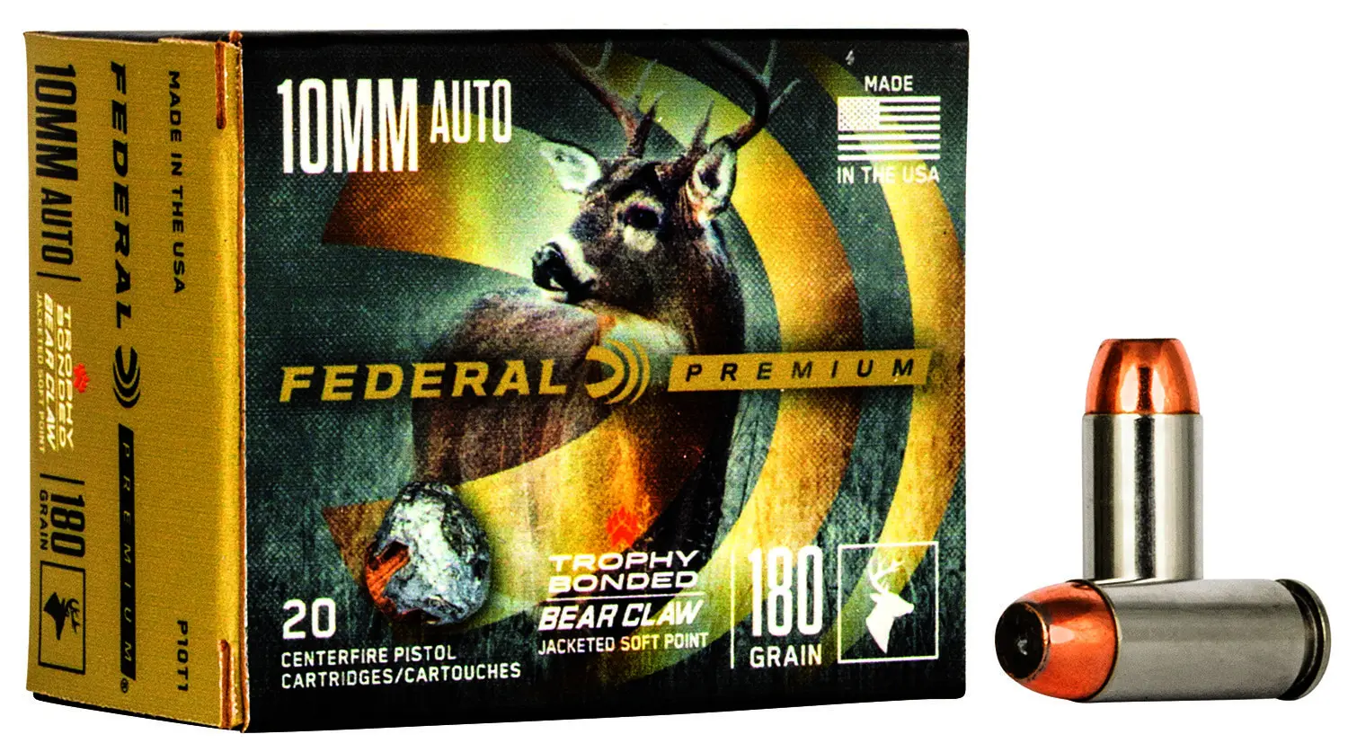 Federal P10T1 Premium 10mmAuto 180gr Trophy Bonded Bear Claw Jacketed Soft Point 20 Per Box/10 Case