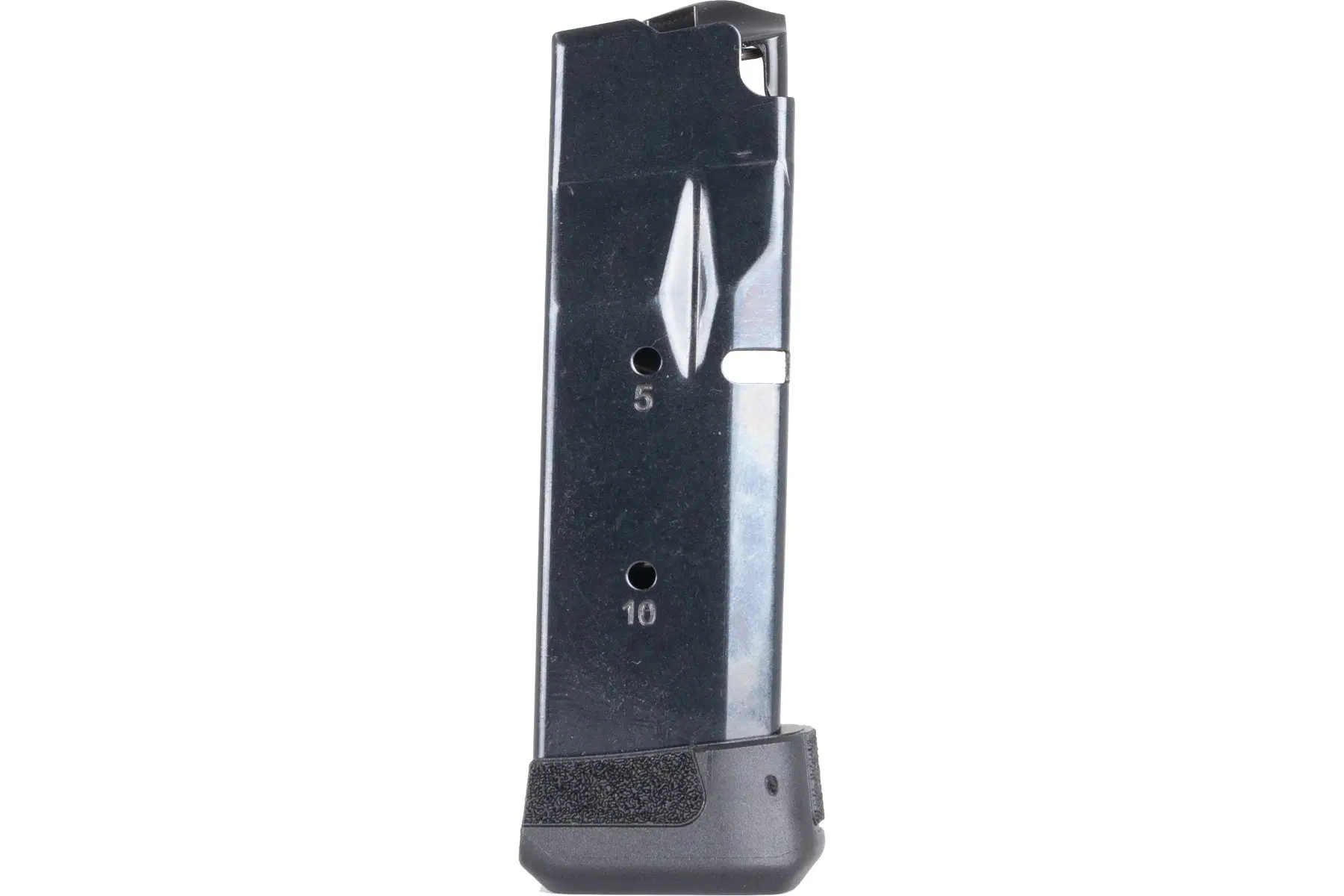 Pistol magazine with metal construction and capacity markings for 5 and 10 rounds.