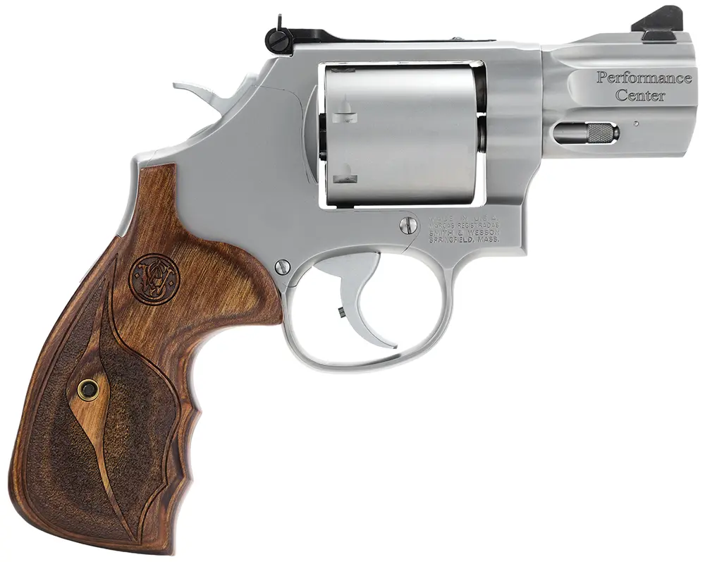 Smith & Wesson 170346 Performance Center Model 686 38 S&W Spl +P, 357 Mag 7rd 2.50" Stainless Steel Barrel, Unfluted Cylinder, Matte Silver Stainless Steel Frame with Wood Grip Includes Moon Clips
