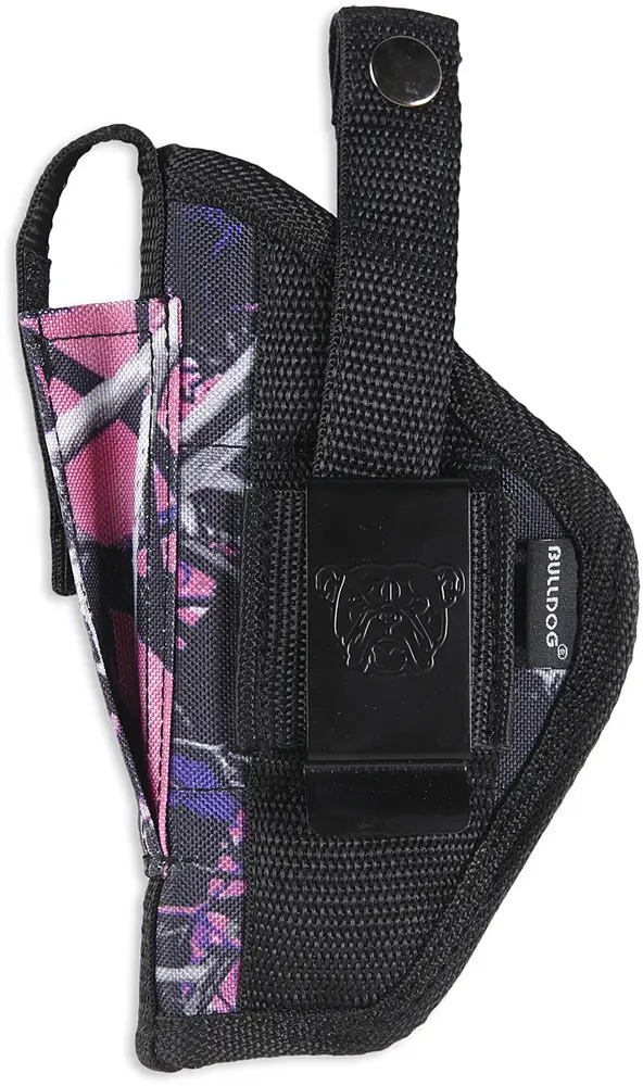 Gun holster with pink and black floral pattern, adjustable strap, and Bulldog logo.
