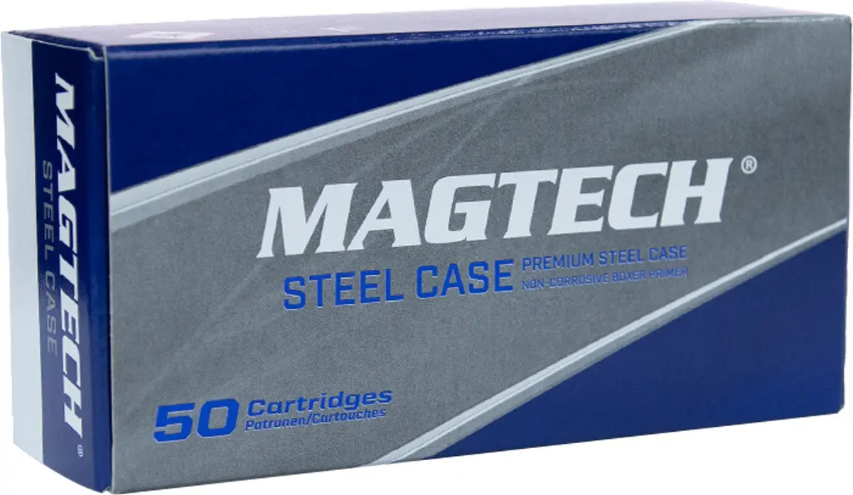 Magtech steel case ammunition box with 50 cartridges for firearms.