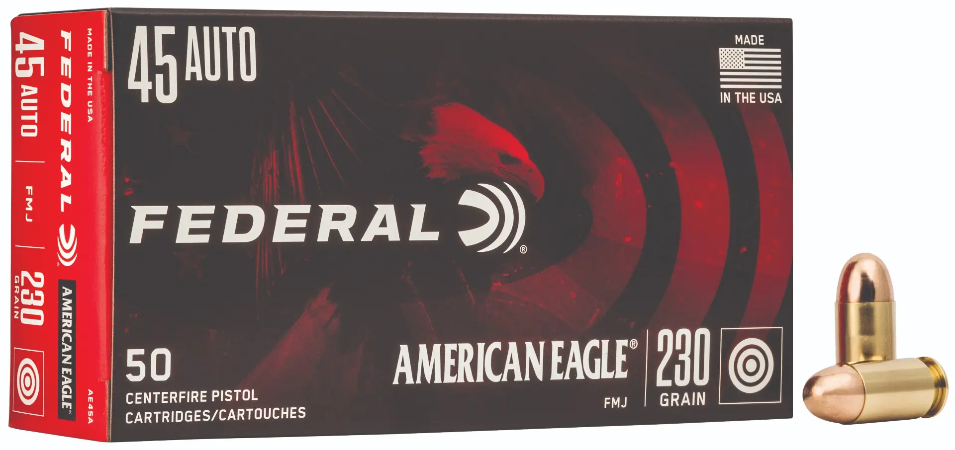 Federal American Eagle 45 Auto centerfire pistol cartridge box with a single bullet beside it.