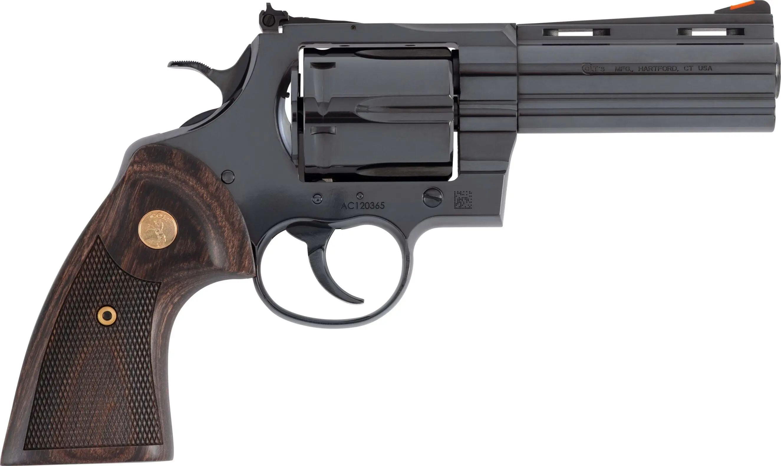 Revolver with wooden grip and black metal finish, displayed for firearm enthusiasts and collectors.