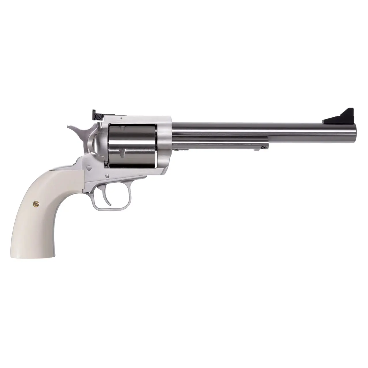Revolver with a long barrel and white grip, displayed against a plain white background.