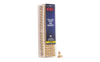 Box of CCI .22 Short hollow point ammunition with one cartridge beside it.