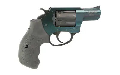 Revolver handgun with a black grip and metallic finish.