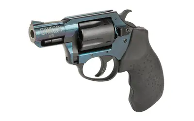 Revolver with blue metallic finish and black rubber grip, designed for self-defense and target shoot.