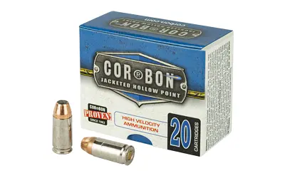 Box of Cor-Bon high velocity 9mm hollow point ammunition with two bullets displayed.