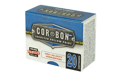 High velocity 20-round firearm ammunition box for hunting and shooting sports.