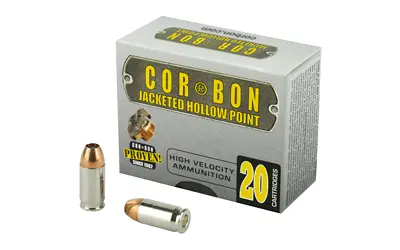 Box of Corbon high-velocity hollow point ammunition with two bullets displayed.