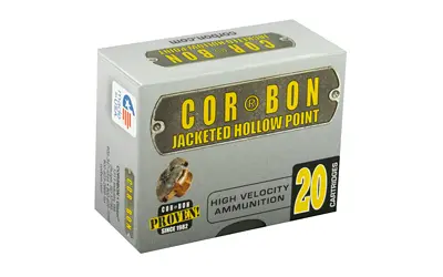 Ammunition box with Cor-Bon JACKETED HOLLOW POINT label, designed for firearm enthusiasts.