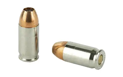Ammunition cartridges with brass casings and copper bullets displayed on a white surface.