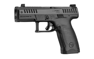Close-up of a black semi-automatic pistol with textured grip and slide details.