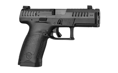 Modern black semi-automatic handgun with textured grip and slide serrations.