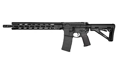 Rifle with black finish and adjustable stock for precision shooting.