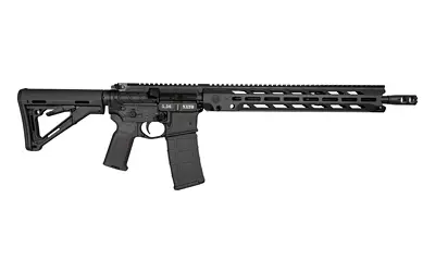 Semi-automatic rifle with adjustable stock, long barrel, and tactical handguard for precision shooti.