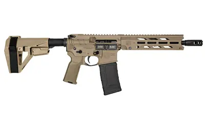 Tactical rifle with adjustable stock, desert tan finish, and ergonomic design.