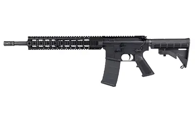 Tactical rifle with black finish, adjustable stock, and rail system for accessories.